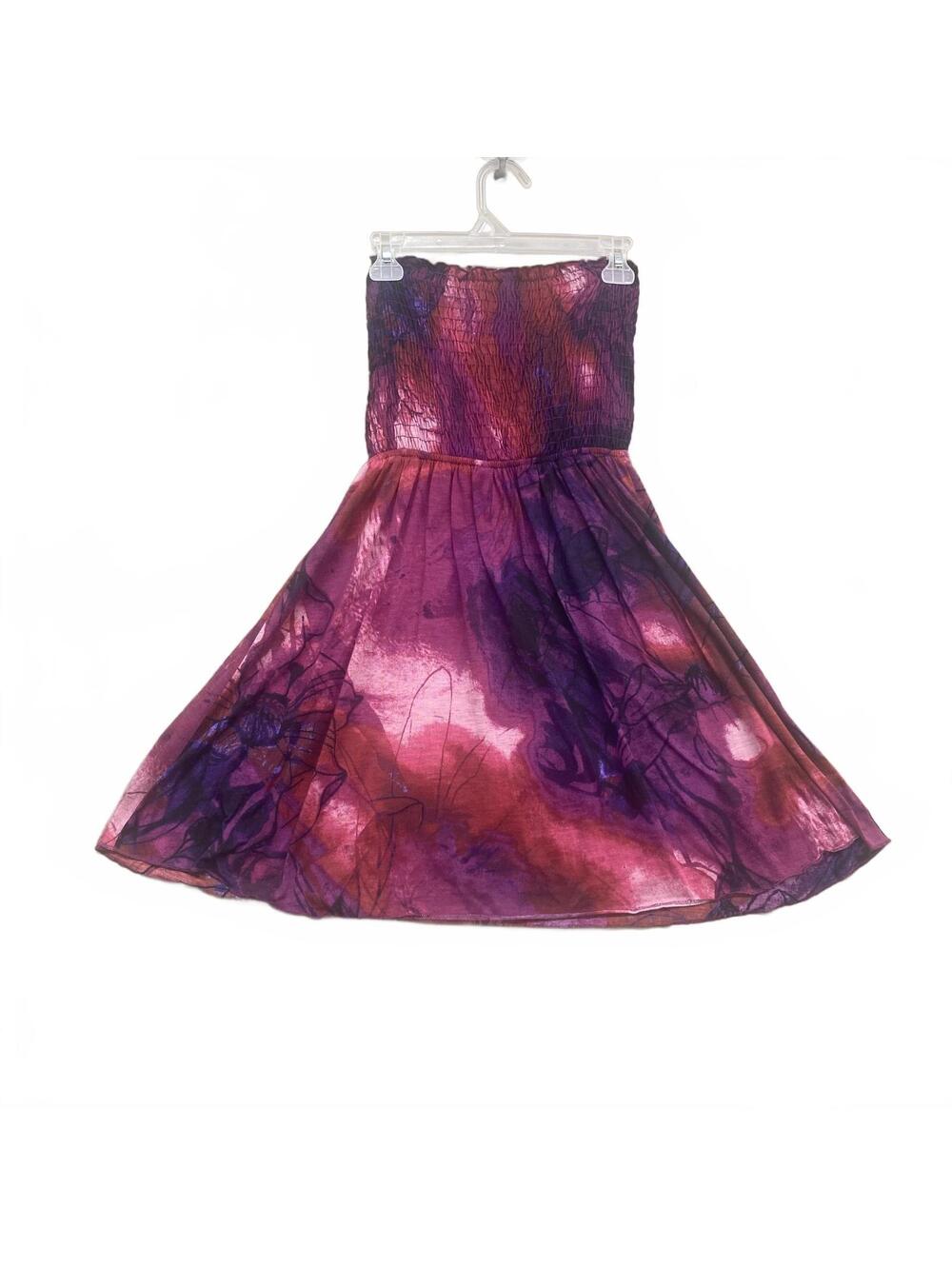 Mossimo TieDye Strapless Mini Dress Purple Pink Smocked Bodice Size L Y2K Summer